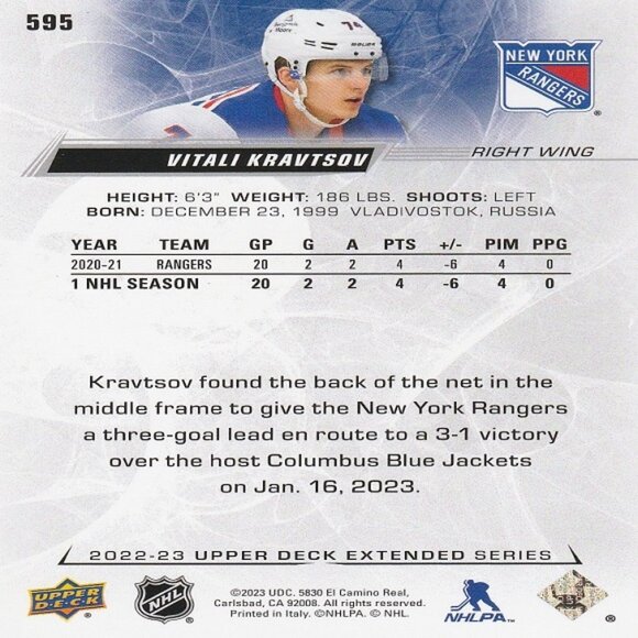 Vitali Kravtsov - 2022/2023 Upper Deck Extended Series Card - Picture 2 of 2
